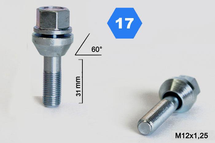 M12x1,25, Schuifbout Conisch, Draadlengte 31mm, SW 17